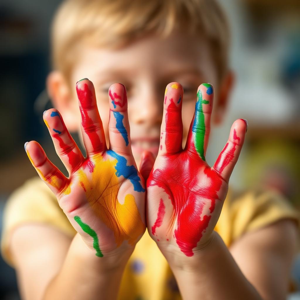 Child with paint-covered hands
