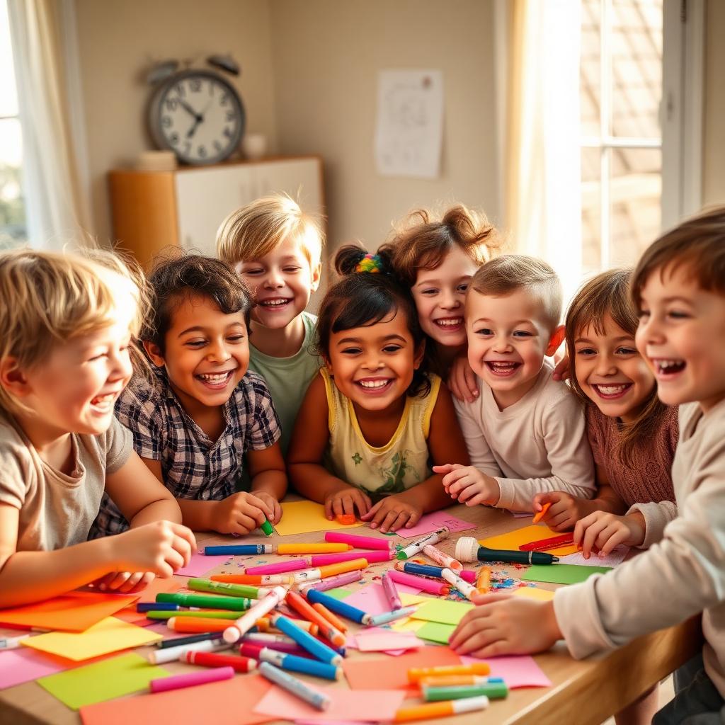 Kids laughing around a craft table
