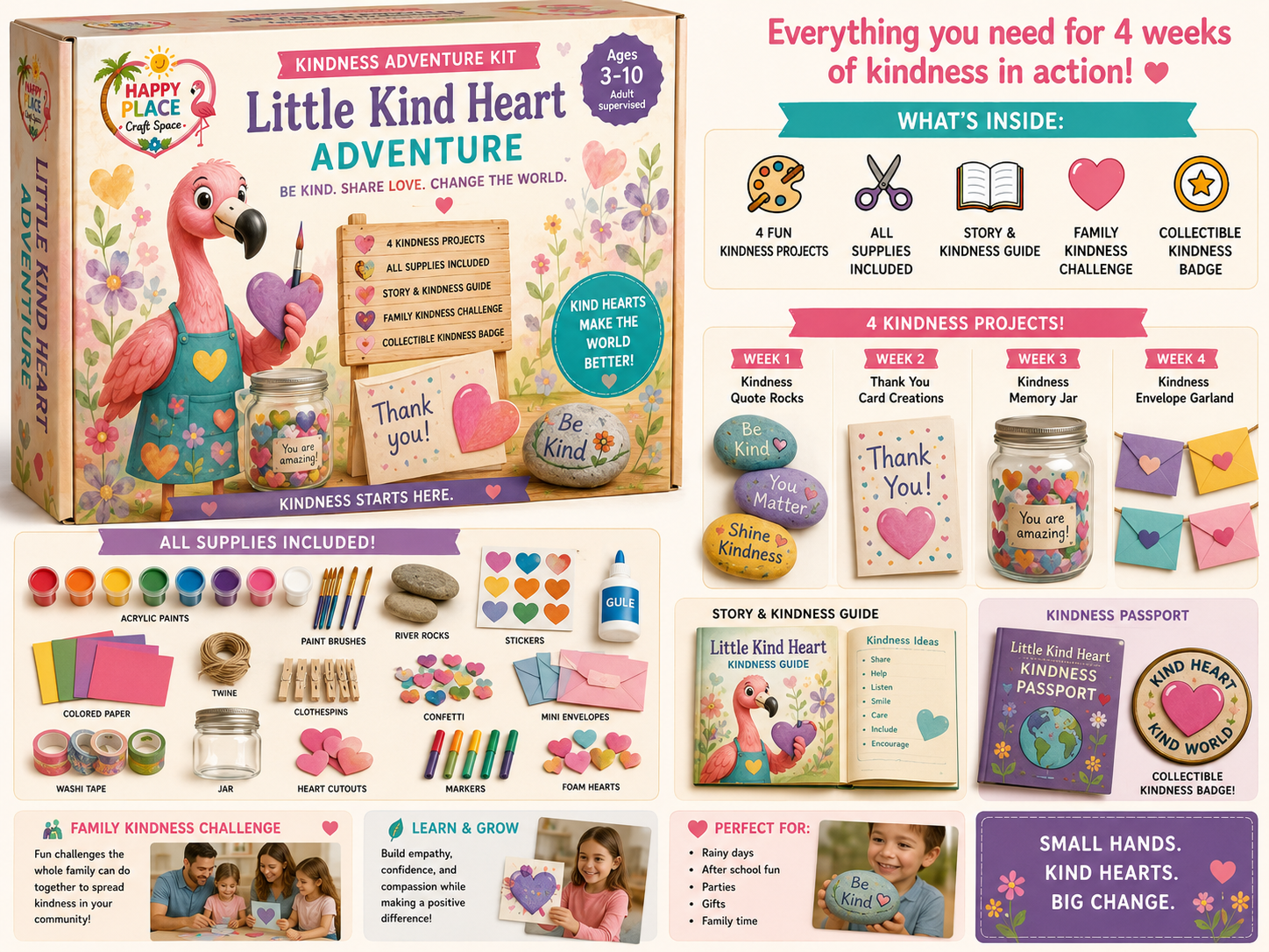 Happy Place Little Kind Heart Adventure Box — 4 kindness projects with all supplies included, story & kindness guide, family challenge, and collectible badge