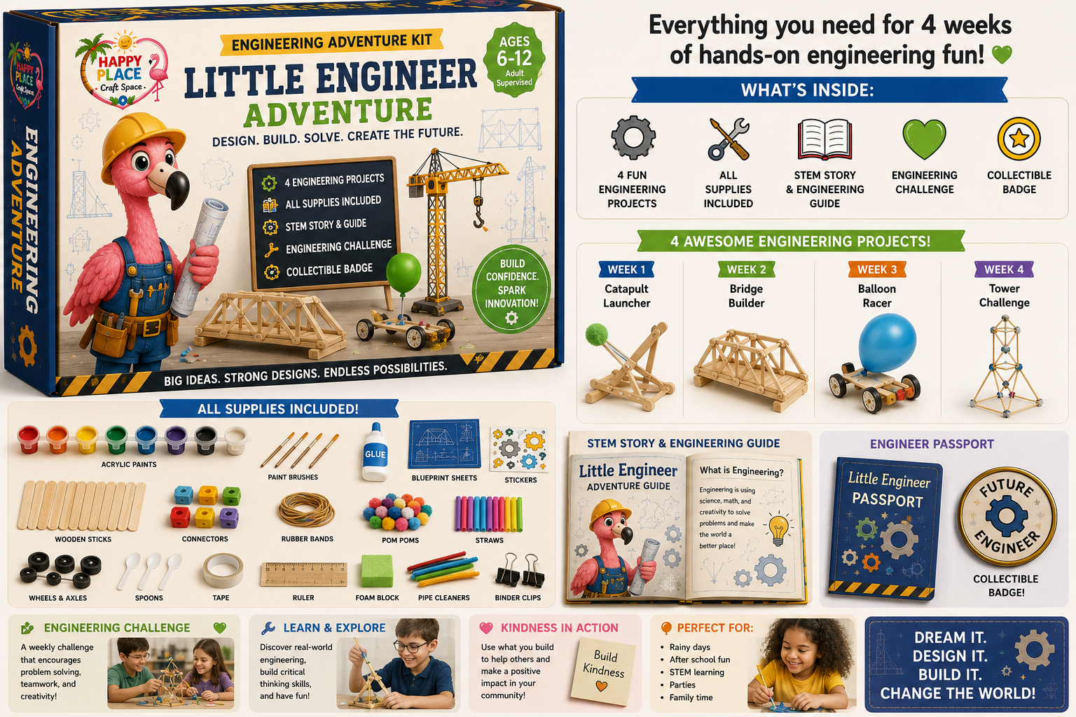 Happy Place Little Engineer Adventure Box — Engineering Adventure Box with 4 fun engineering projects, all supplies included, story & engineering guide, family challenge, and collectible badge