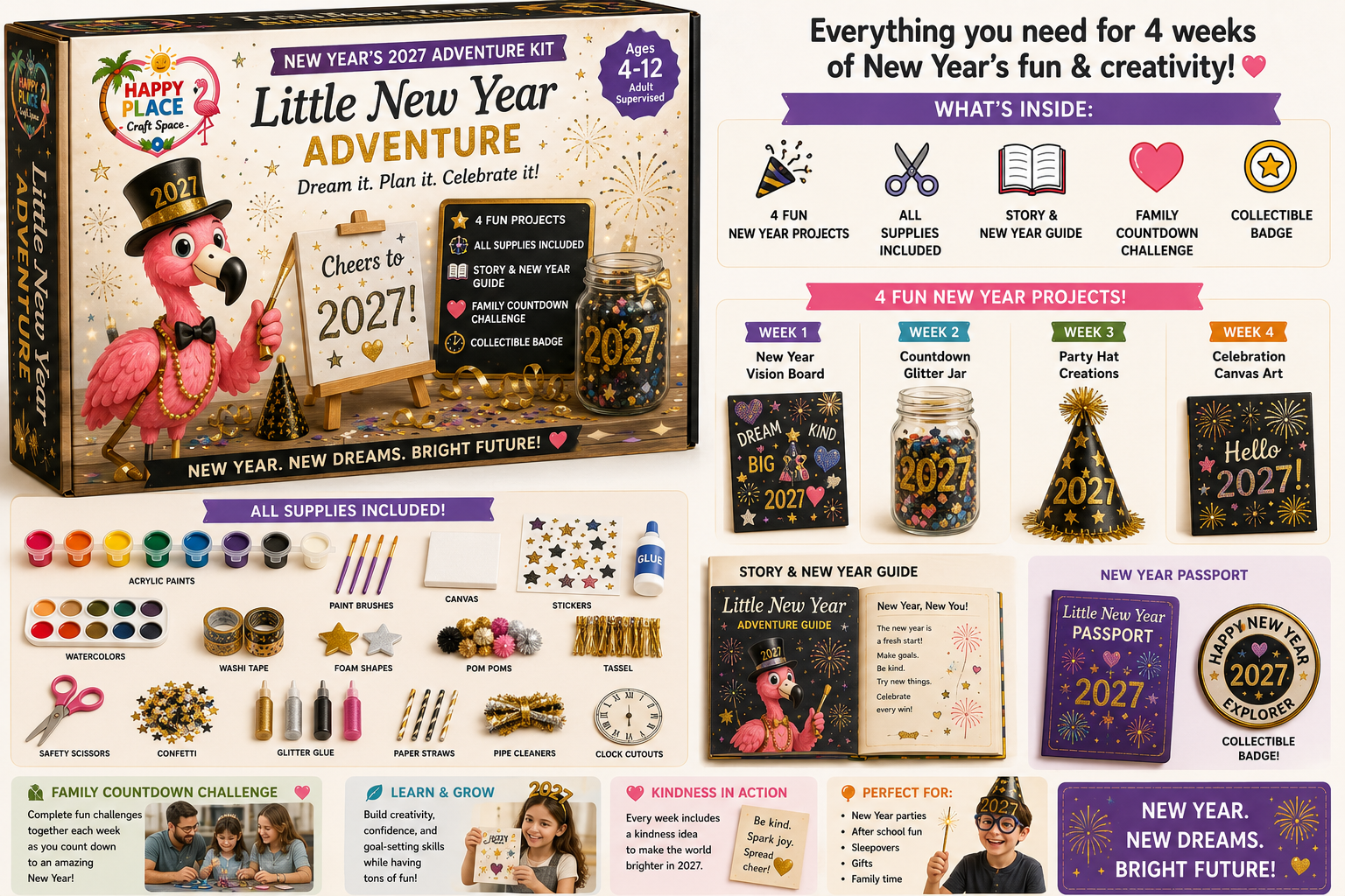 Happy Place New Year's 2027 Adventure Box — Little New Year Adventure with 4 festive projects, all supplies included, story & New Year guide, family countdown challenge, and collectible badge