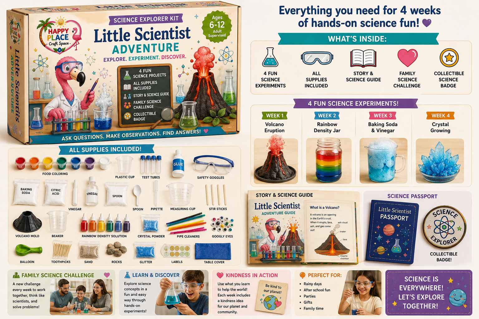 Happy Place Little Scientist Adventure Box — Science Explorer Adventure Box with 4 fun science experiments, all supplies included, story & science guide, family challenge, and collectible badge