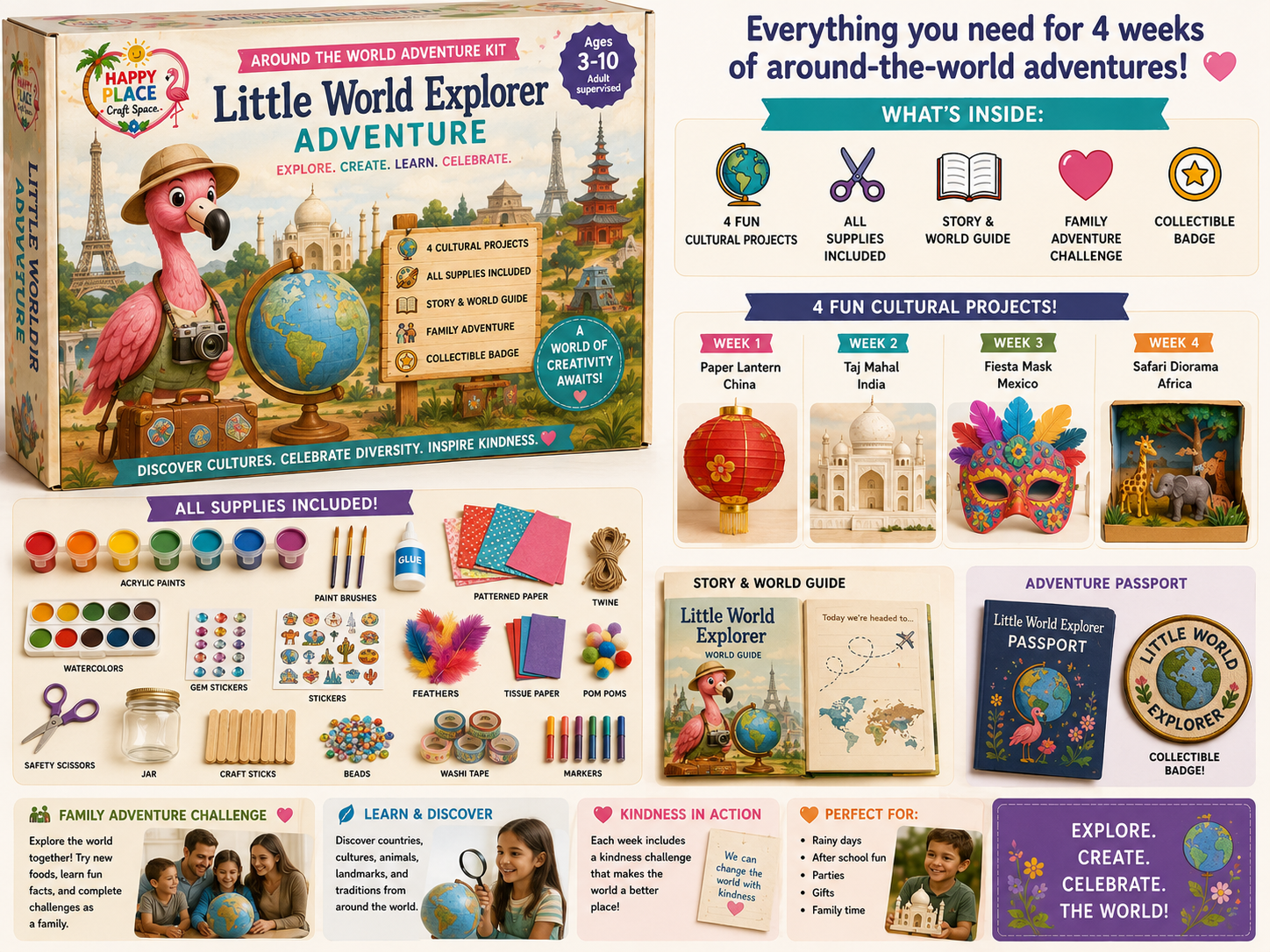 Happy Place Little World Explorer Adventure Box — Around the World Adventure Box with 4 cultural projects, all supplies included, story & world guide, family challenge, and collectible badge
