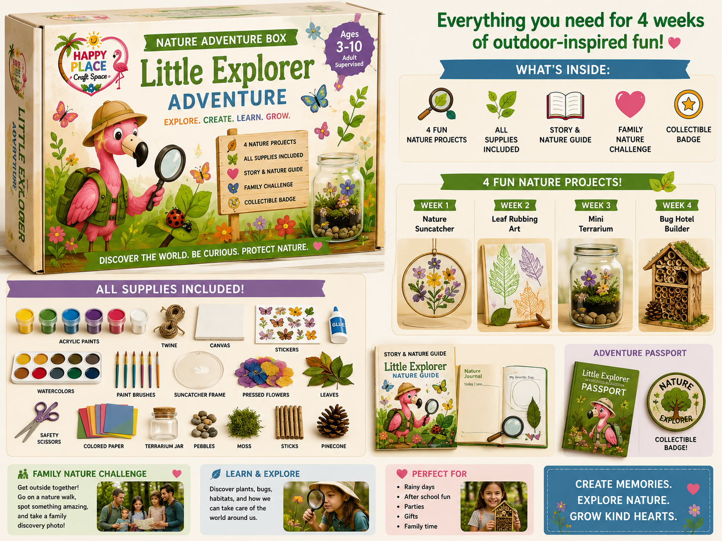 Happy Place Little Explorer Nature Adventure Box — 4 nature projects with all supplies included, story & nature guide, family challenge, and collectible badge