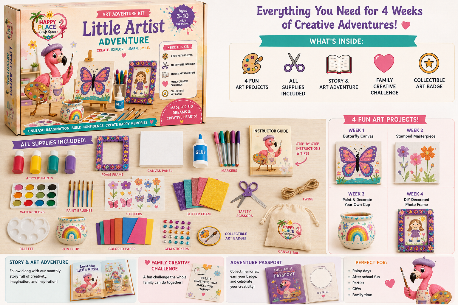 Happy Place Little Artist Adventure Box — Art Adventure Box with 4 fun art projects, all supplies included, story adventure, family creative challenge, and collectible art badge